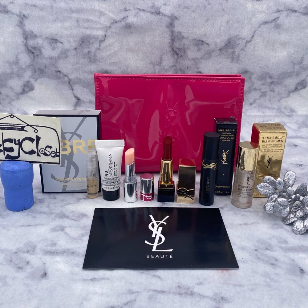 YSL Beauty Gift Set-Pink Pouch,EDP,Glow&lip Balm,Lipstick,Mascara,Primer-7pc-NEW